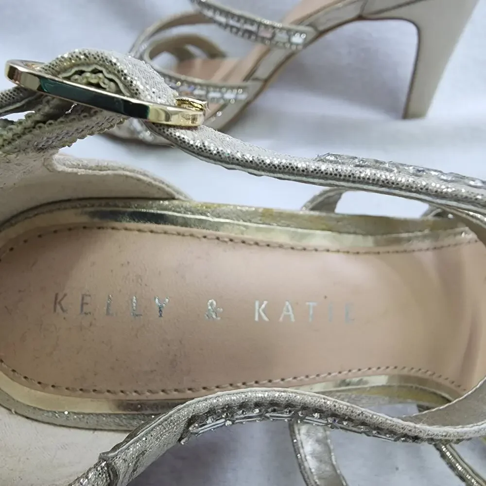 Kelly & Katie Shoes 6.5 High Heel Strappy Pumps BEIGE Gold Glass Night Out Sexy - Picture 10 of 11